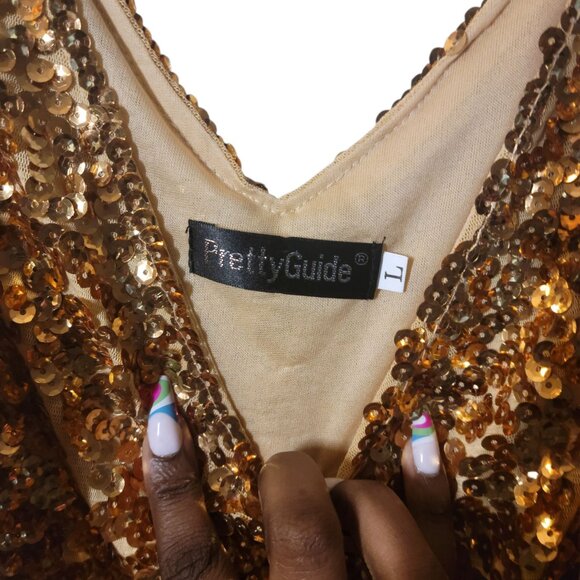 Gold Whimsical Y2K Early 2000 Sequin Glam Mini Dress - Picture 2 of 4